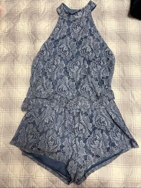 Sleeveless Blue Floral Lace Romper